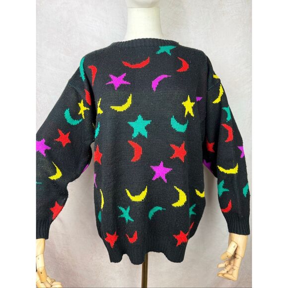 Vintage Celestial Sweater 1980s Moon Stars Size Medium - Picture 2 of 6